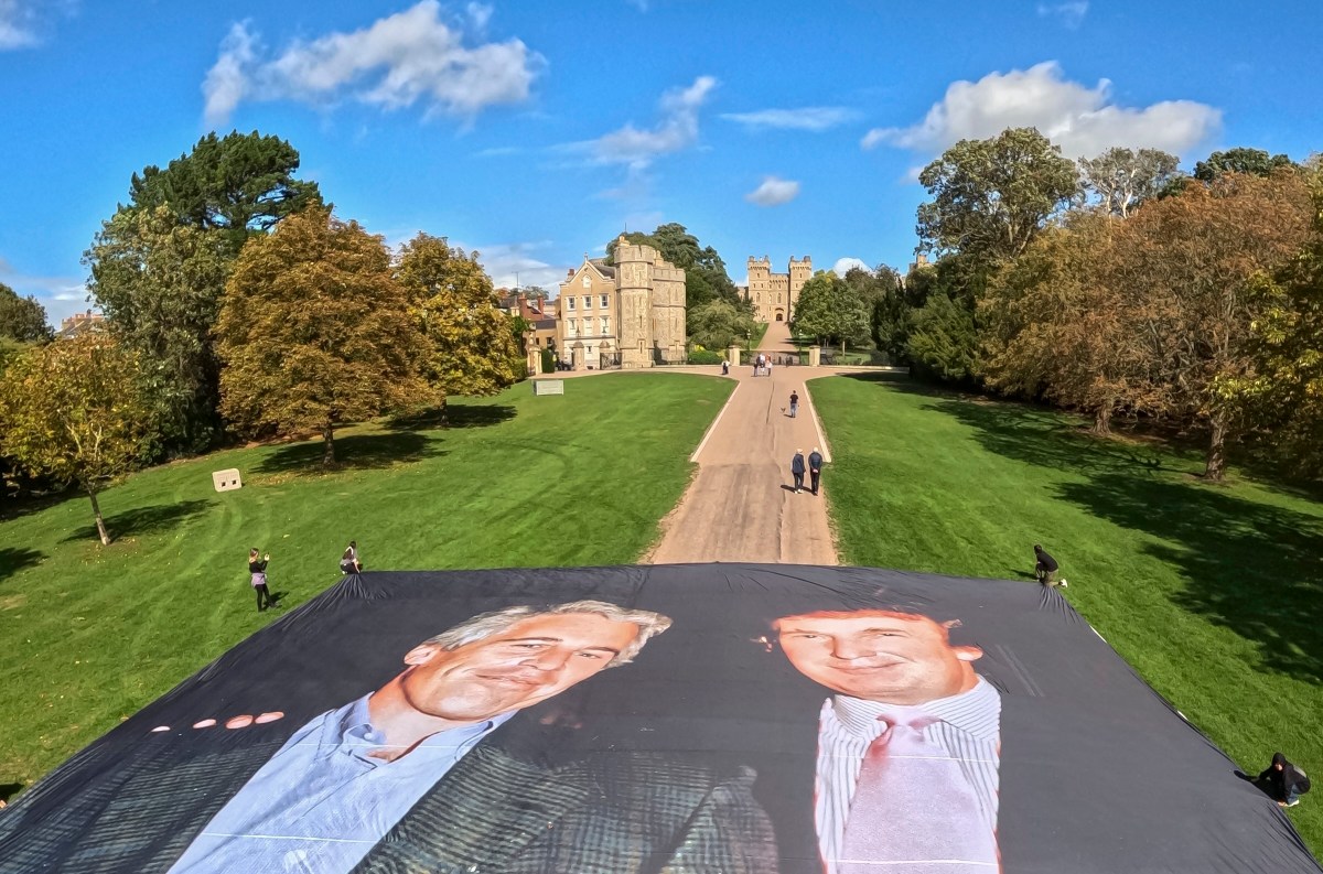Massive Photo of Trump and Epstein Unfurled Outside Windsor Castle