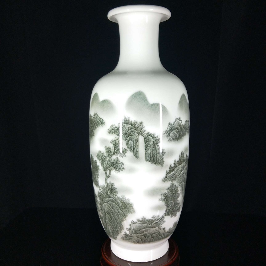 景德镇文革厂货瓷器7501毛瓷日用瓷釉中彩山水观赏花瓶