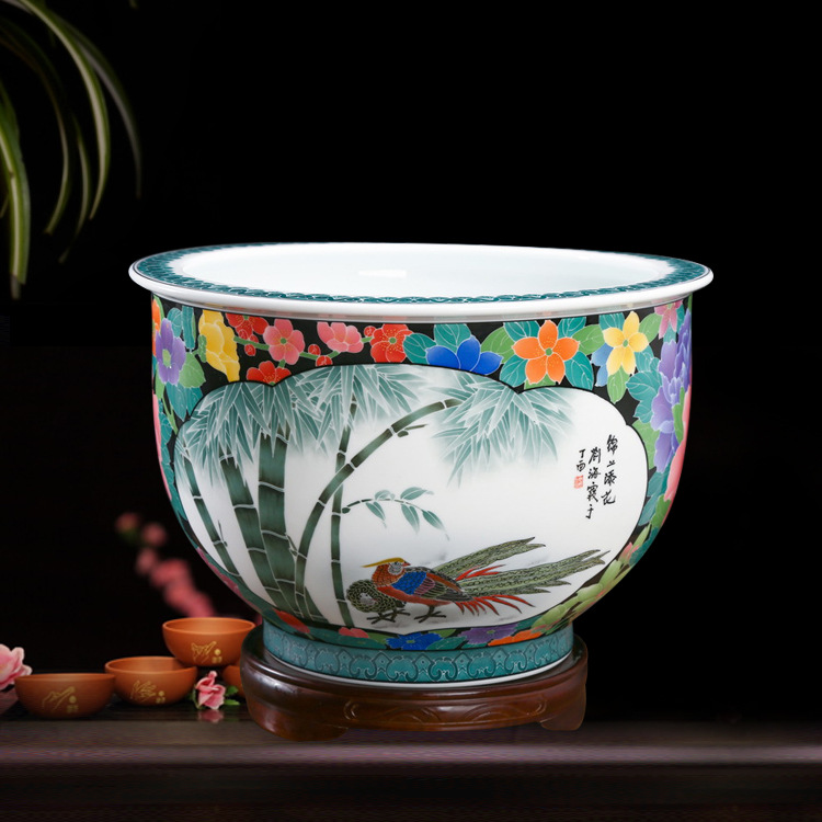 湖南醴陵陶瓷工艺品手绘花卉芙蓉缸摆件