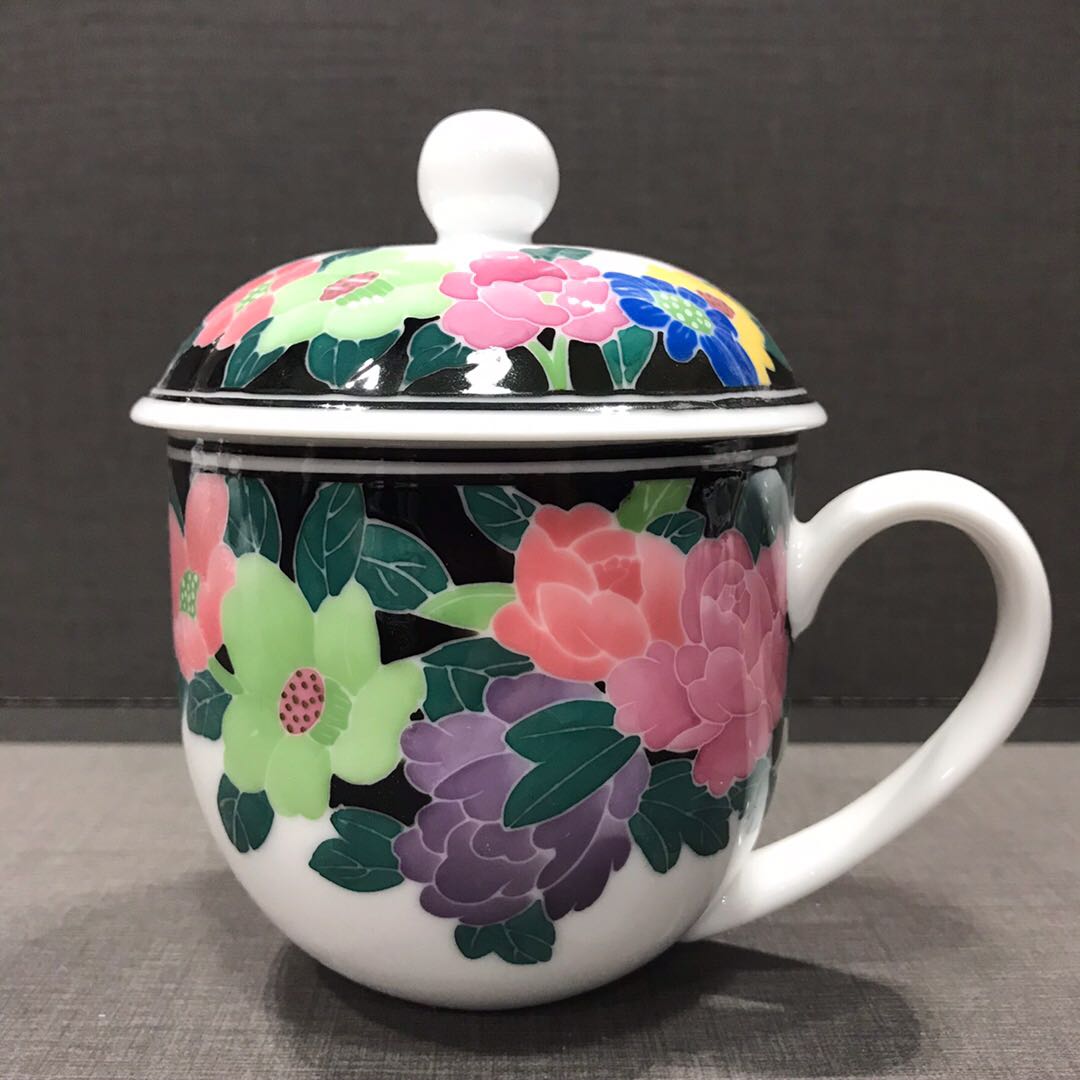 醴陵釉下五彩瓷手绘群力90年代手绘茶杯